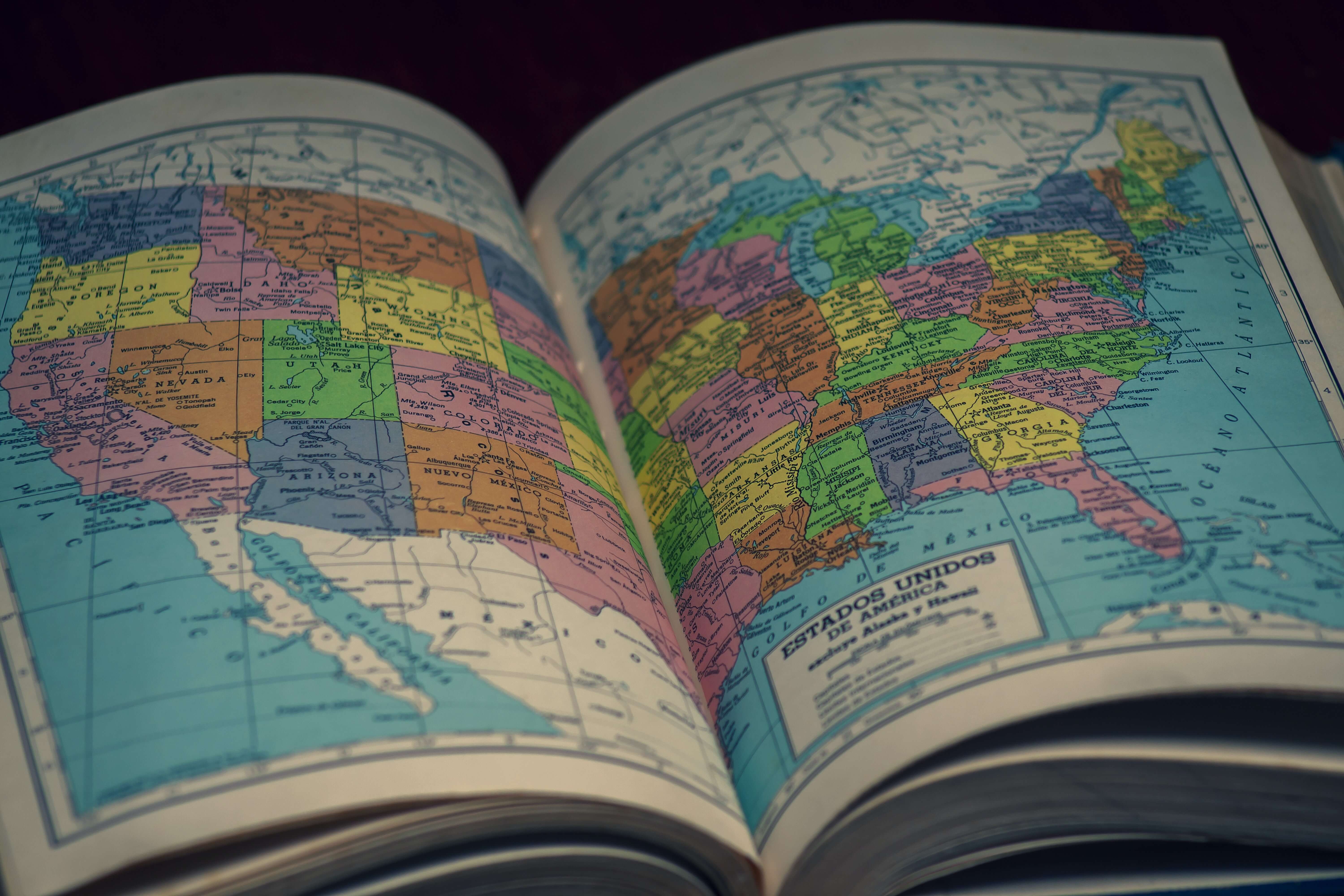 An open book displaying a map of The United States of America