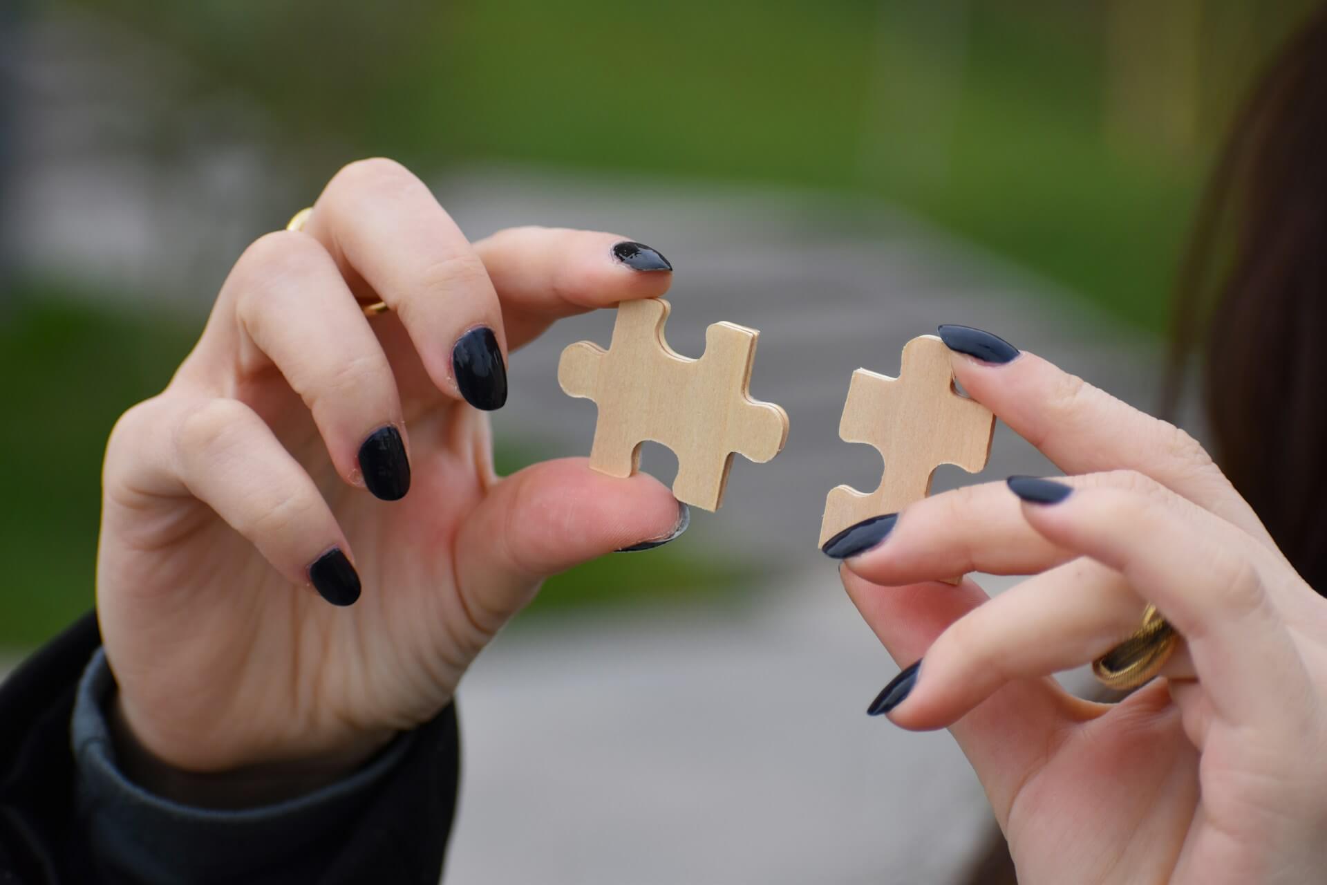 Person holding up two pieces of a puzzle