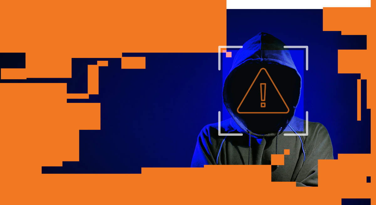 An abstract digital illustration showing a person wearing a hooded sweatshirt, with the face completely obscured in shadow. A warning icon with an exclamation mark appears over the face inside a rectangular frame, suggesting a security alert. The background is dark blue, and large orange glitch-like blocks overlap the image, creating a fragmented, cyber‑security themed effect.