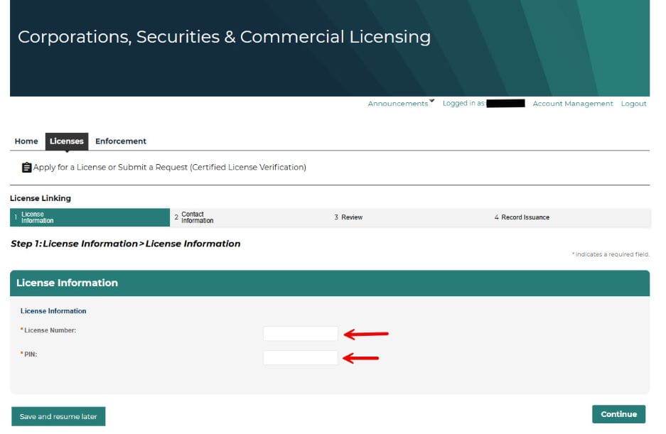 License Linking - License Information - License Number and PIN