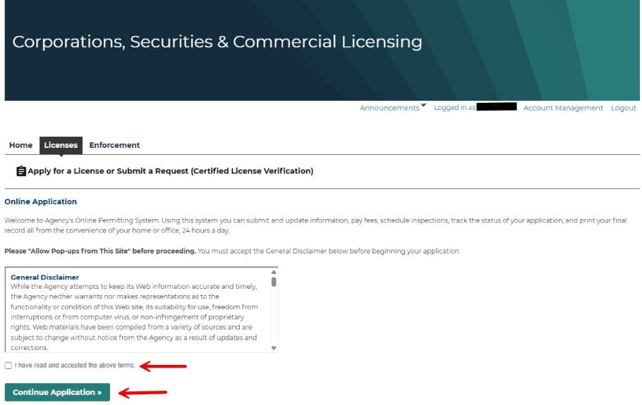 Licensing Linking General Disclaimer and Continue Application