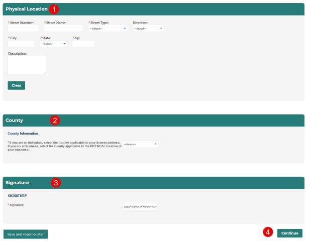 New Application - Physical Location, County and Signature