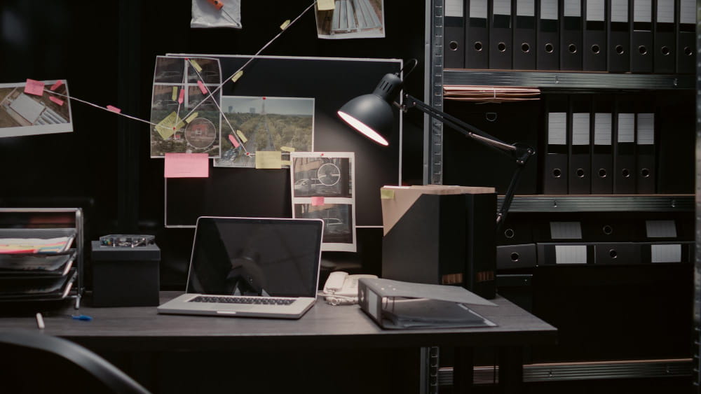 Professional Investigator Image Evidence board with case files or investigation clues on police archive wall