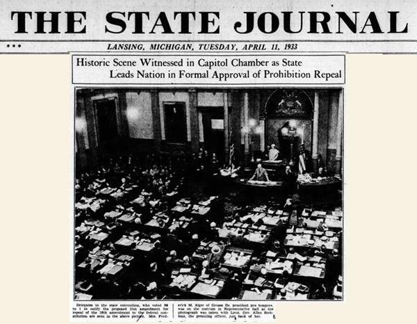 Newspaper Clipping Showing Photo of the Michigan Legislature Voting for the 21st Amendment