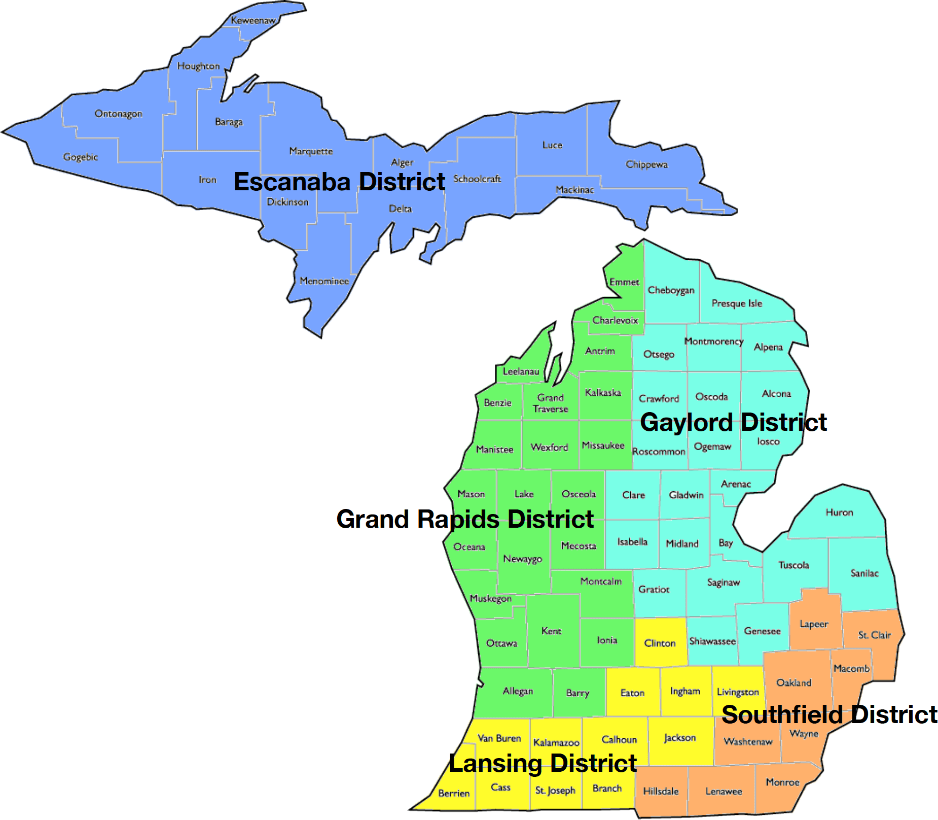 Michigan map with MLCC districts for law grant payments
