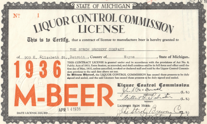 1936 Stroh Brewery License - Header Image for Renewal Page