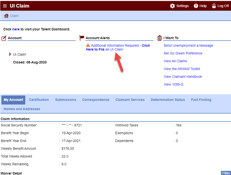 Screengrab that shows the screen "Additional Information Required - Click Here to File a UI Claim.