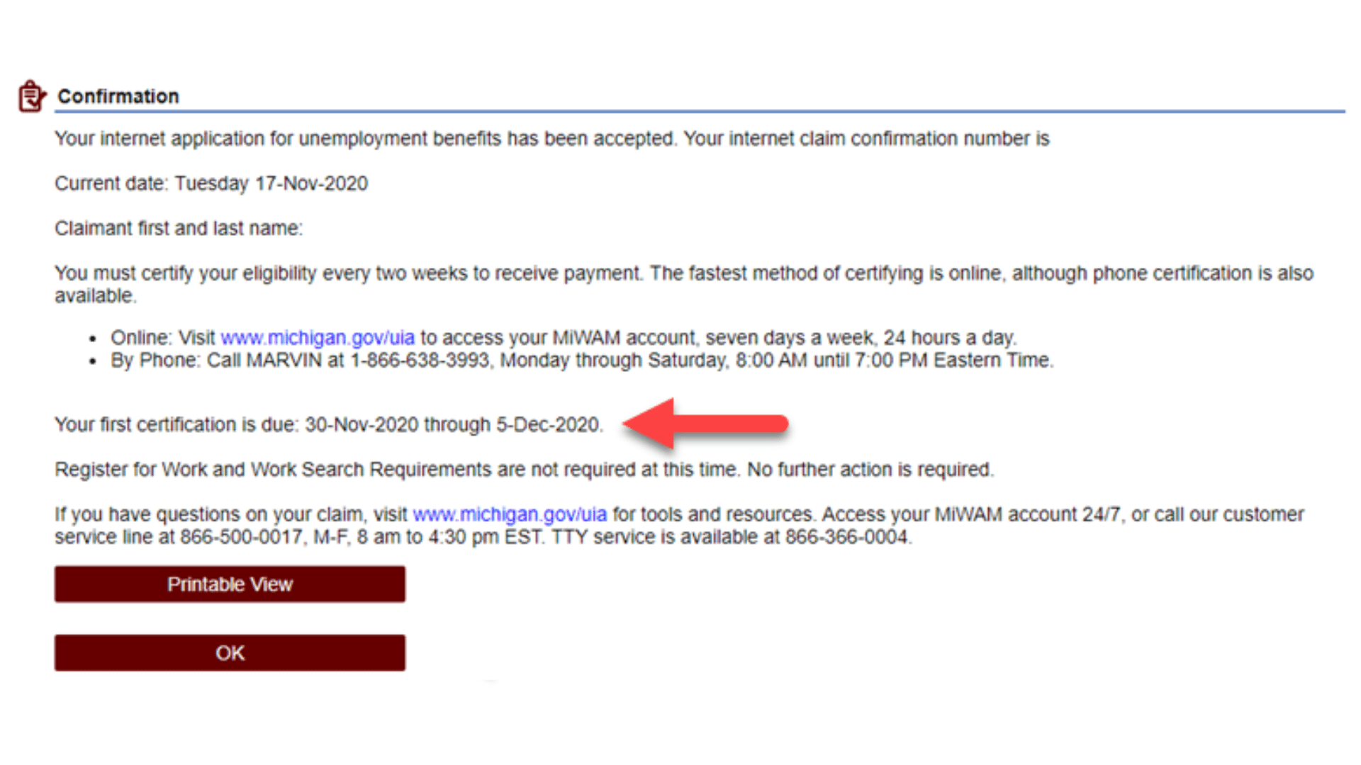 Confirmation page screen shot