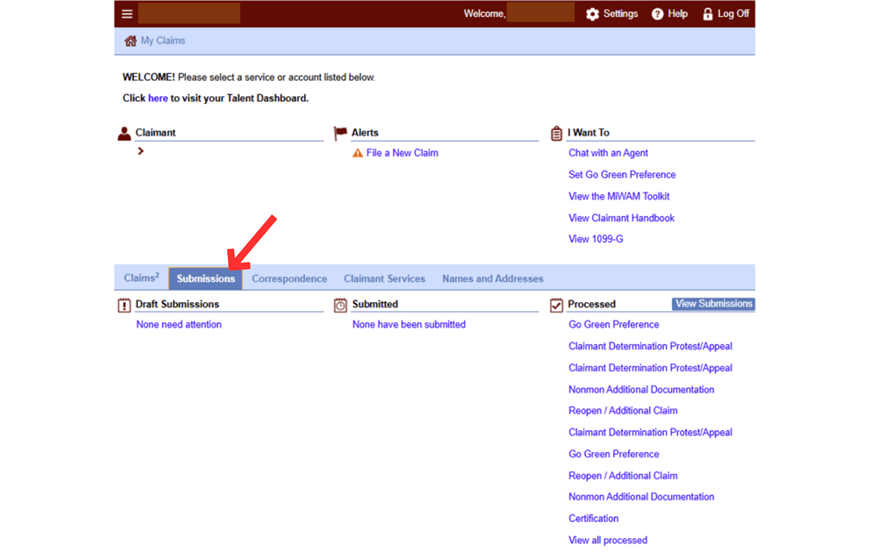 Screengrab showing location of Submissions link at bottom of page.