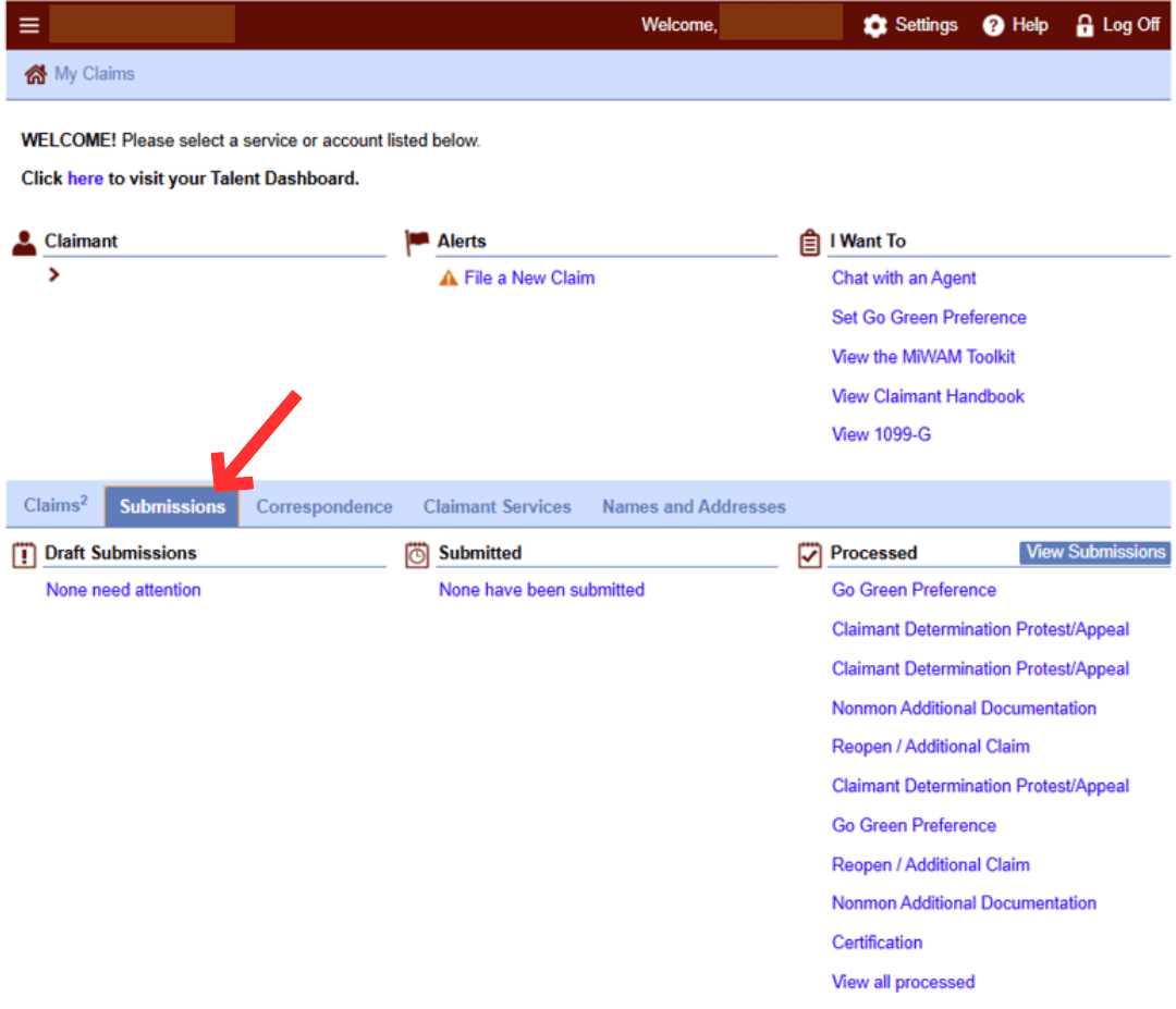A screenshot of the MiWAM homepage, highlighting the submissions tab at the bottom of the webpage.