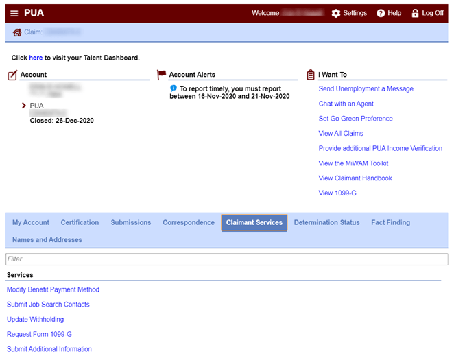 Screengrab that show the PUA screen and highlights Claimant Services link at the bottom.