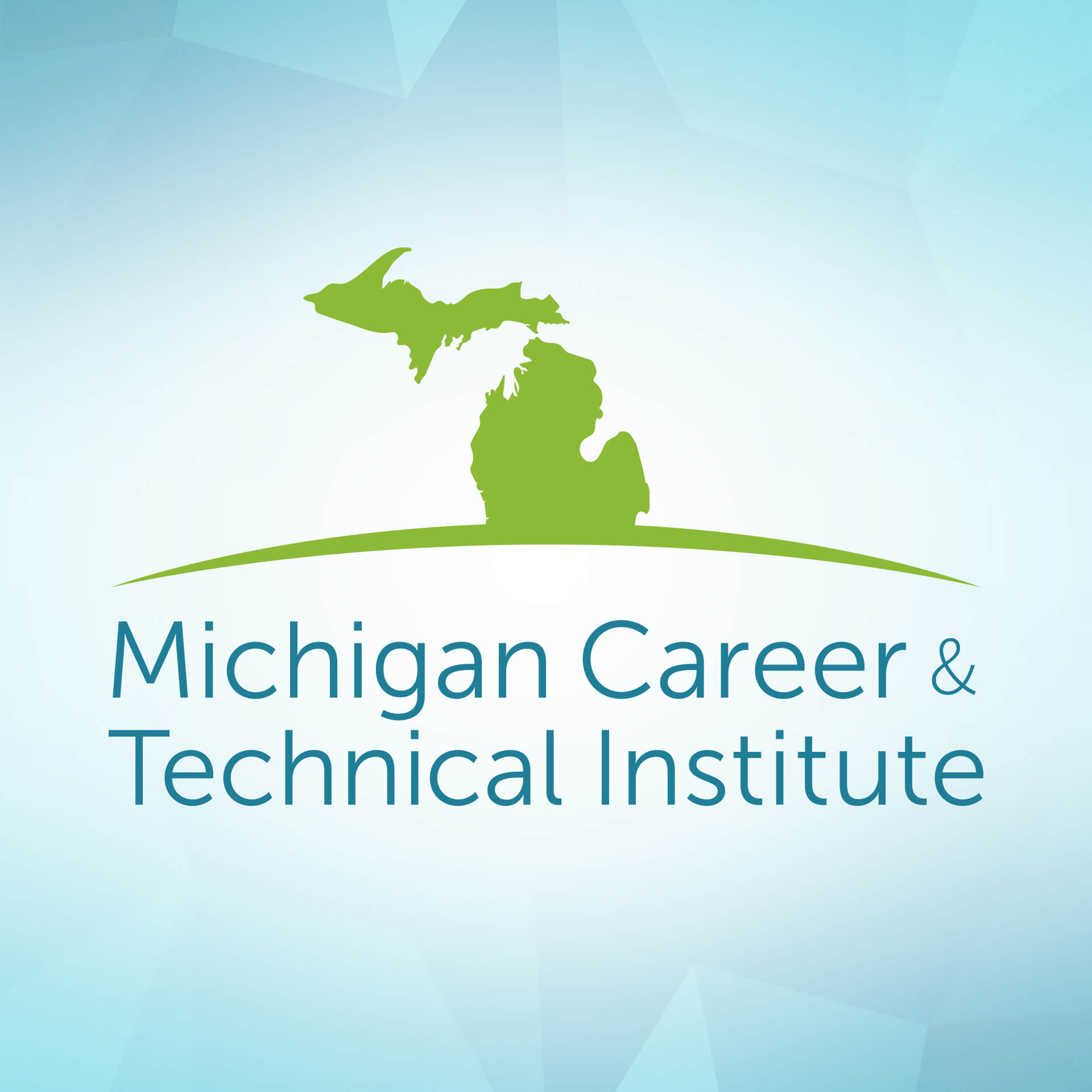 Michigan Career & Technical Institute logo with a green silhouette of Michigan above a curved line and the institute name in teal text on a light blue geometric background.