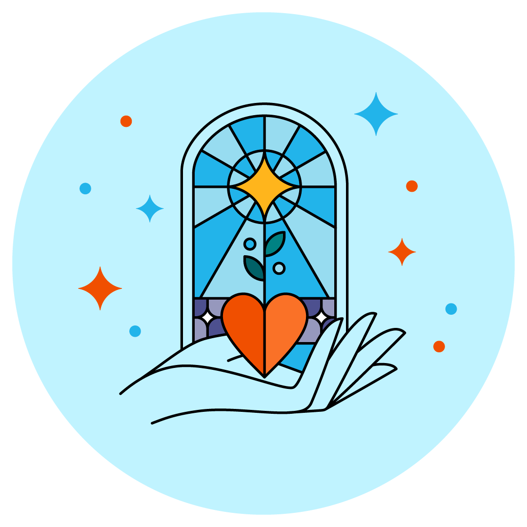 A hand holding a heart over a sparkling stained-glass window