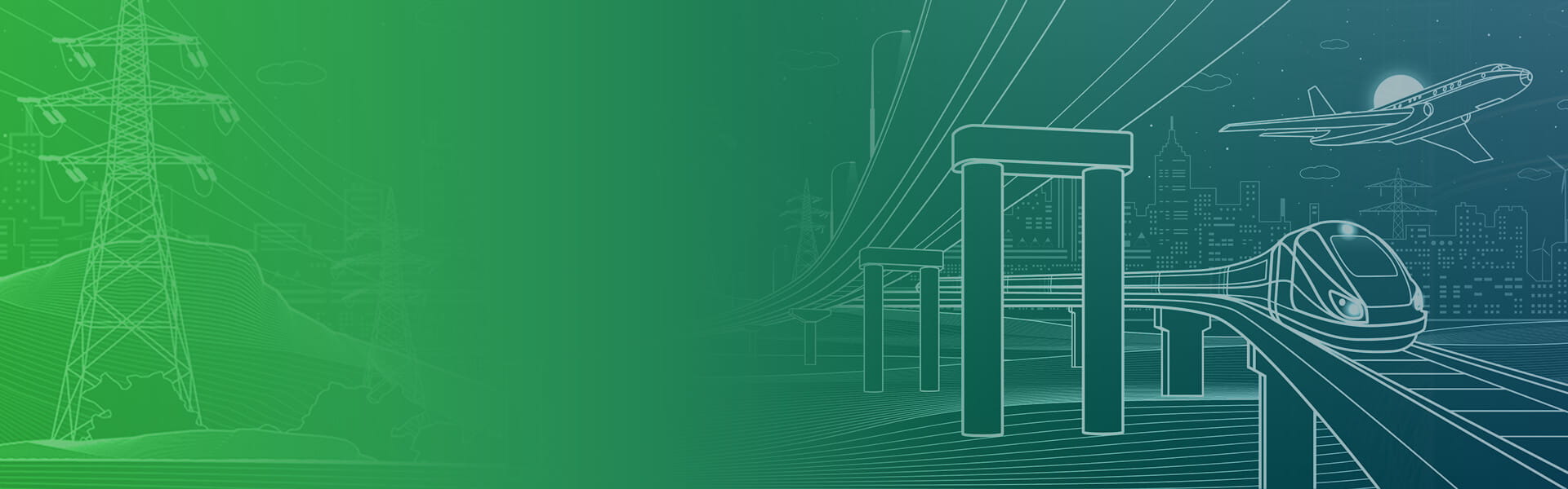 A line drawing of an urban landscape with various examples of infrastructure depicted, including roads, railways, bridges, energy, and transportation.