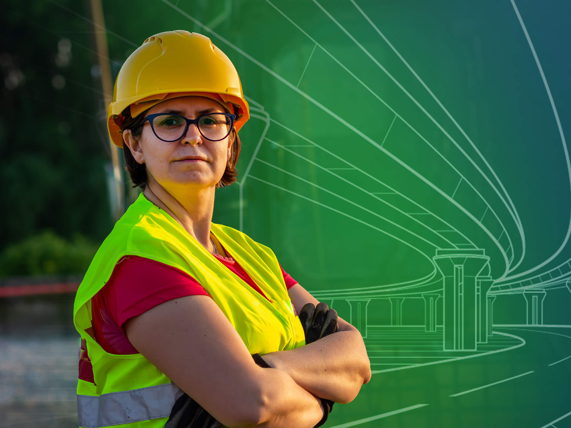 A construction worker wearing a hard hat and yellow safety vest standing in front of construction equipment. The image is partly framed with perspective line drawings of a highway bridge.