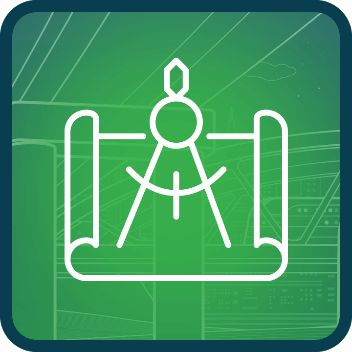 An icon of a drafting compass overlaying an unrolled blueprint.