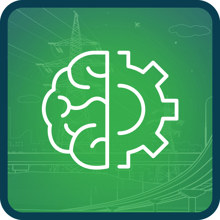 An icon depicting the combining of a brain and a mechanical gear.
