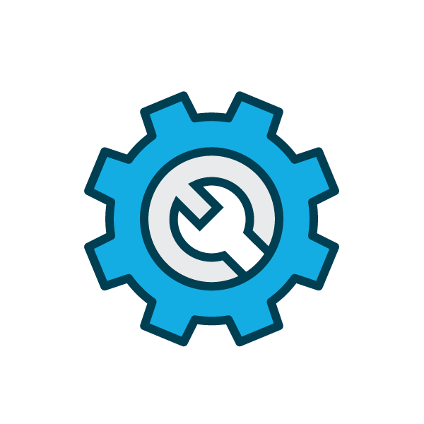 A blue gear with a wrench symbol inside the center, representing engineering, repair, or technical services.