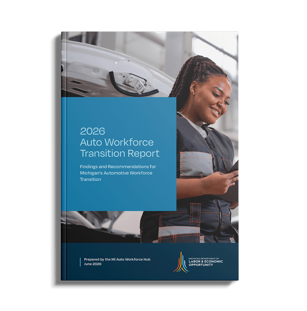 Cover of the 2026 Auto Workforce Transition Report featuring a person in work attire standing beside an open vehicle hood in an automotive workshop, with blue and dark panels displaying the report title and Michigan Department of Labor & Economic Opportunity branding.