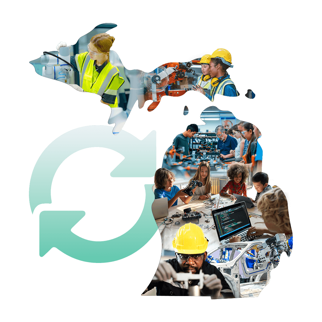 Collage in the shape of Michigan showing workers, students and engineers using robotics, manufacturing equipment and computer coding, paired with a large circular arrow symbol.