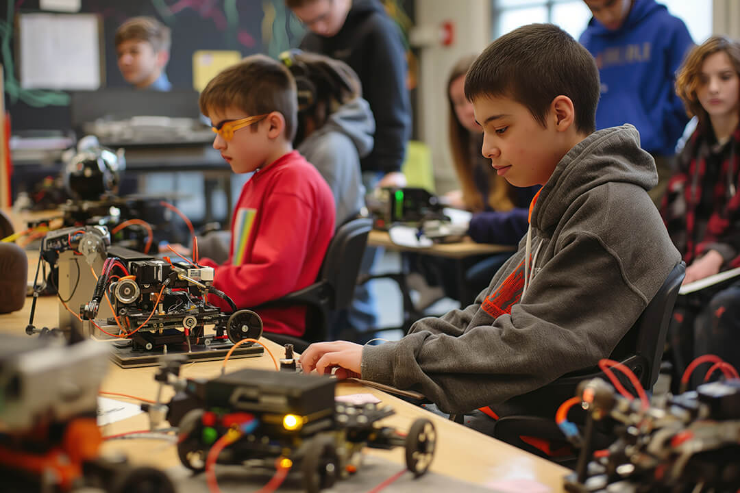 Students work on robotics projects in a classroom, using small wheeled robots, wiring and electronic components.