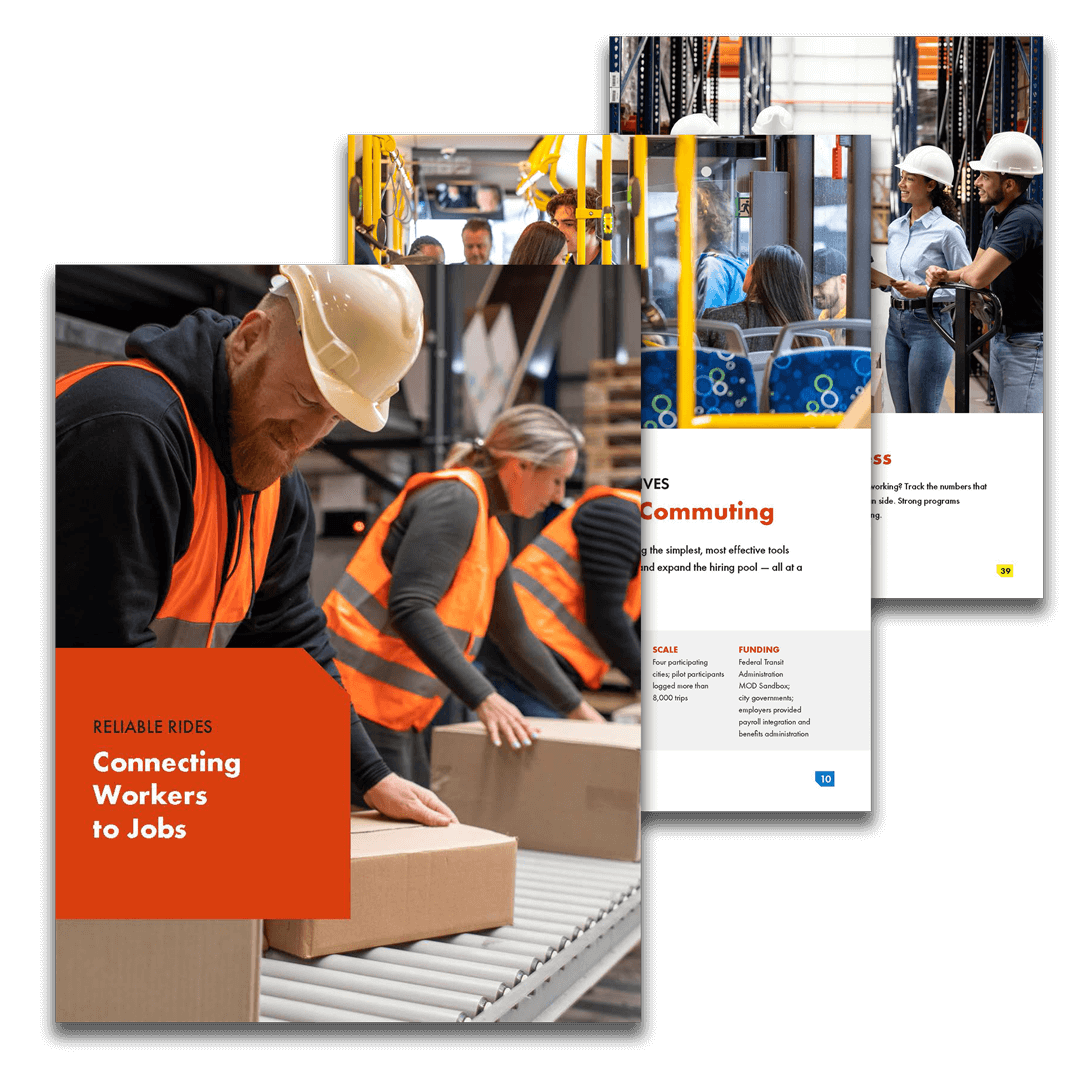 Composite image of a report titled “Reliable Rides: Connecting Workers to Jobs,” featuring warehouse workers in safety vests packing boxes on a conveyor, commuters riding a public bus, and workers in hard hats at an industrial site, illustrating workforce transportation and access to employment.