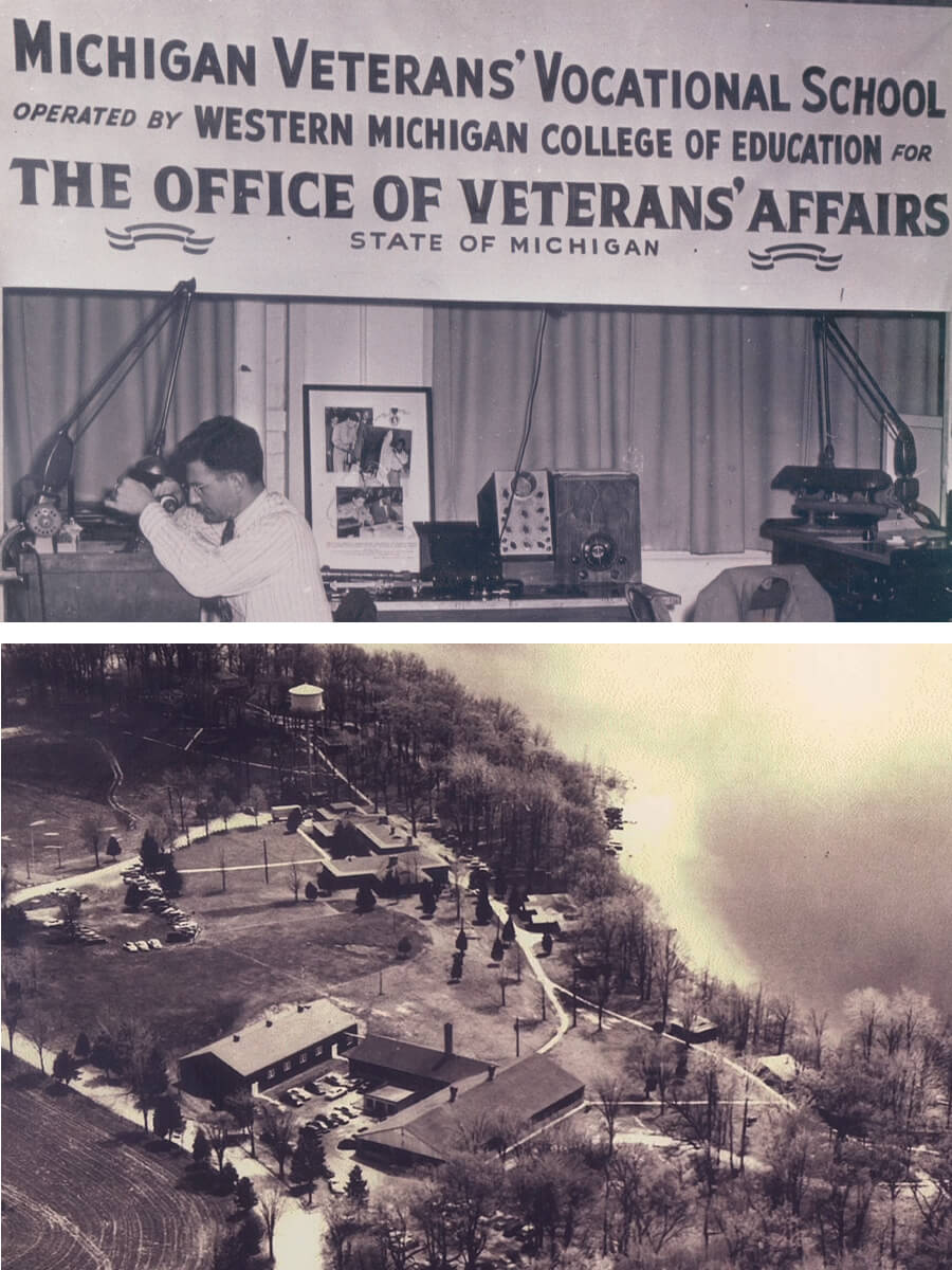 Black and white photographs of the Michigan Veterans' Vocational School. The top image shows a man working with radio equipment under a banner that reads 'Michigan Veterans' Vocational School operated by Western Michigan College of Education for The Office of Veterans' Affairs, State of Michigan.' The lower image is an aerial view of the vocational school campus, located near a wooded area by a body of water, with multiple buildings, a water tower, and parking areas visible among trees and open lawns.