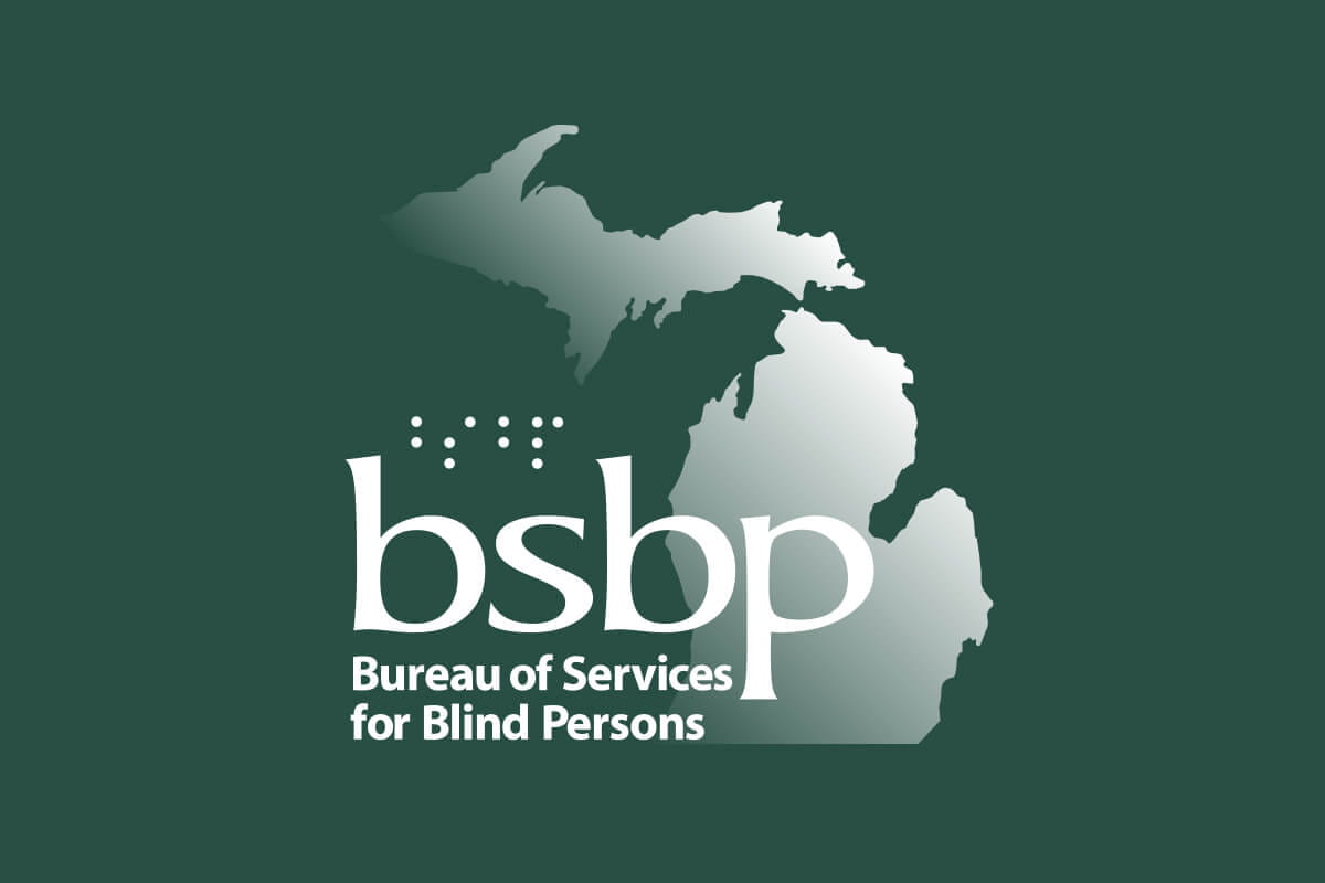 BSBP logo with white text, Braille dots, and a Michigan map silhouette on a dark green background.