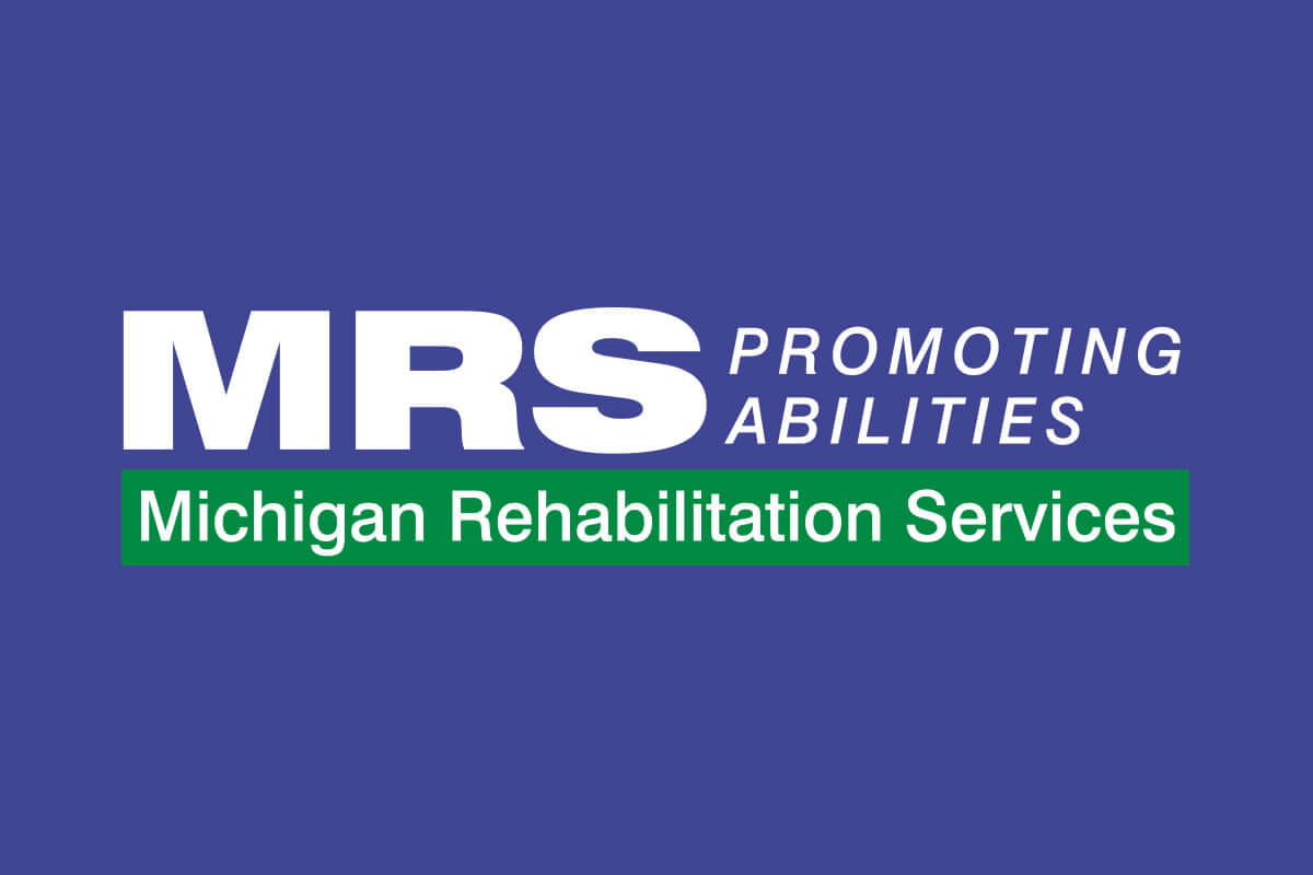 Michigan Rehabilitation Services logo with white text and a green bar on a blue background.