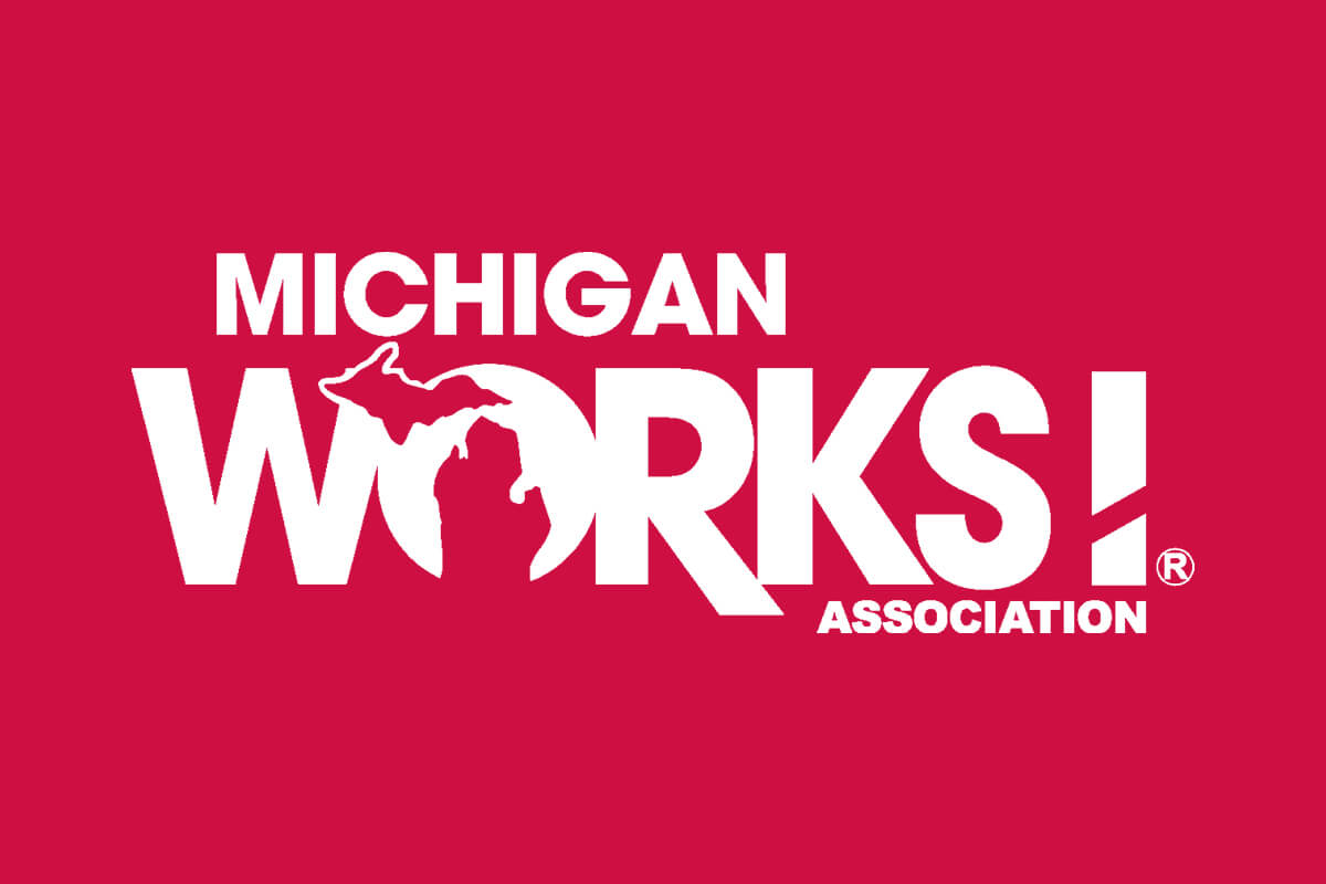Michigan Works! Association logo with white text and a Michigan map shape on a red background.