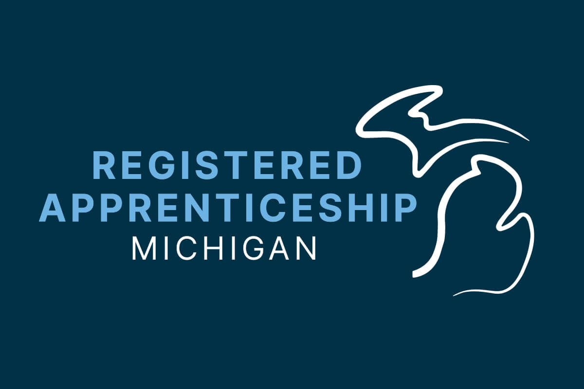 Registered Apprenticeship Michigan logo with blue text and an outline of the Michigan map.