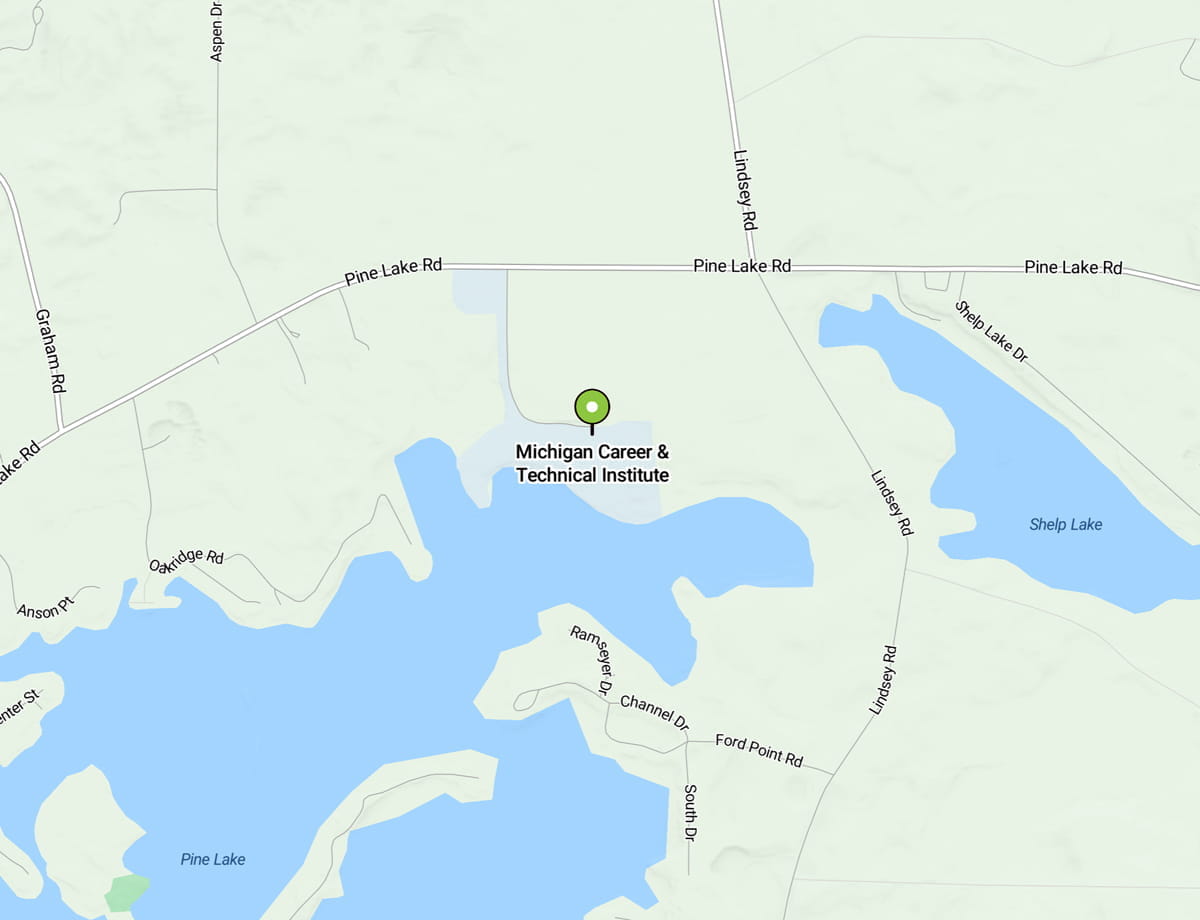 A roadmap view of the location of the MCTI main campus location in Plainwell, Michigan. The facility is located north of Pine Lake on the south side of W. Pine Lake Road.