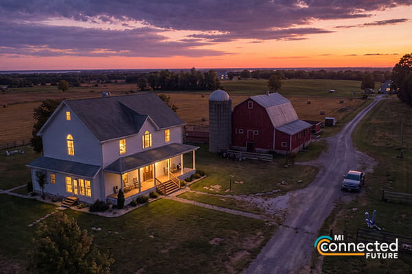 a house next to a barn in an expansive field at dusk