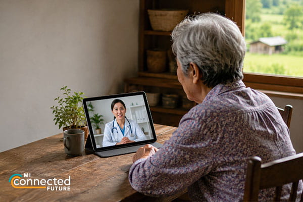 older person sitting at a desk talking to a doctor on a tablet