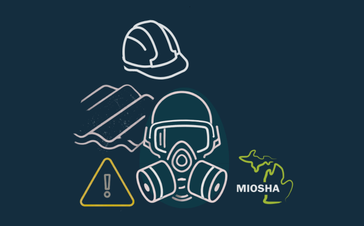 MIOSHA logo with gas mask and warning symbol for asbestos
