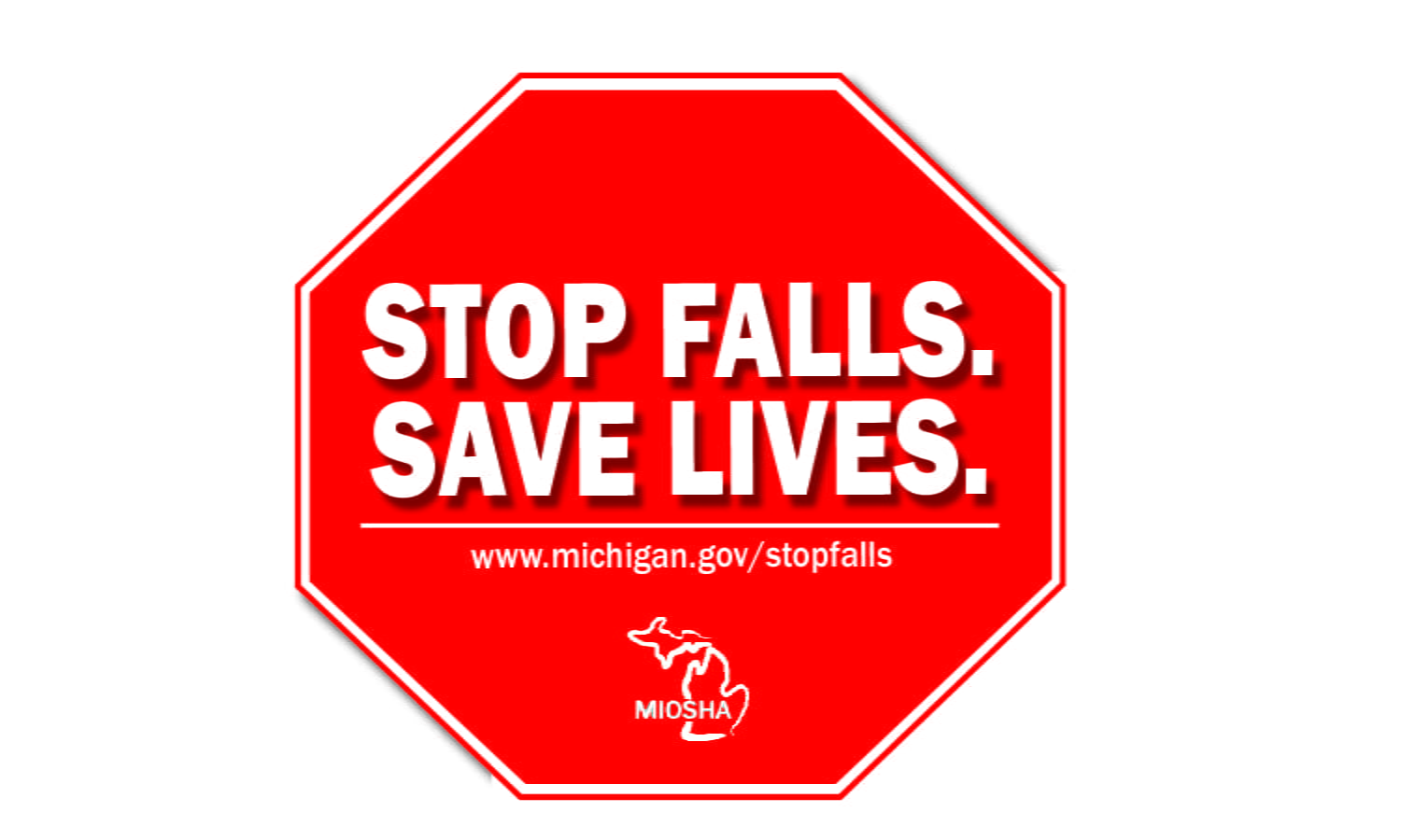 MIOSHA’s Stop Falls. Save Lives. safety awareness campaign graphic image. Raising awareness of fall hazards through continuous education and training, having appropriate equipment, and maintaining diligent safety practices on the job site, will further help decrease workplace fatalities due to falls. For free statewide assistance, companies can call the CET Division at 517-284-7720; toll-free at 800-866-4674, or visit www.michigan.gov/stopfalls