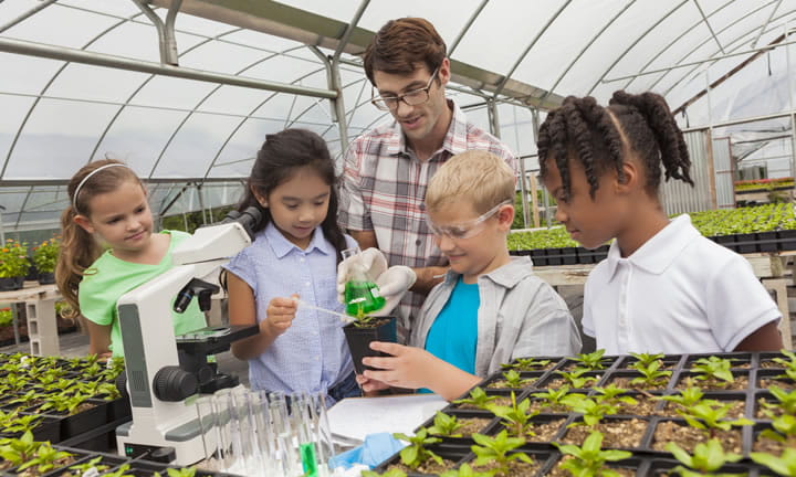 four young children with teacher in a greenhouse with microscope and beaker examining a plant