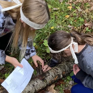 two young girls outside looking at a piece of tree bark