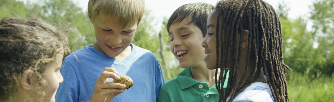 young child outside holding a freshly harvested potato with three children looking with him