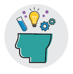 An icon with a light bulb, gears and a science tool coming out of the head. 