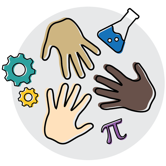 diverse hands reaching out to each other surrounded by STEM symbols - represents creating STEM culture