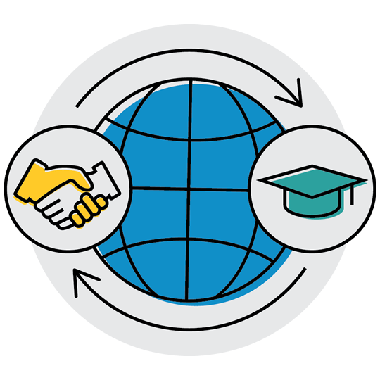 a globe with shaking hands on left outer edge and graduation cap on right outer edge - representing ensuring high quality STEM experiences 