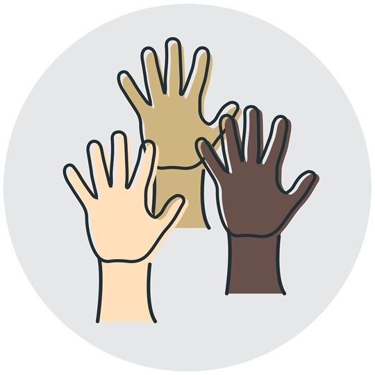 icon of three hands raised of varied skin tones representing getting involved