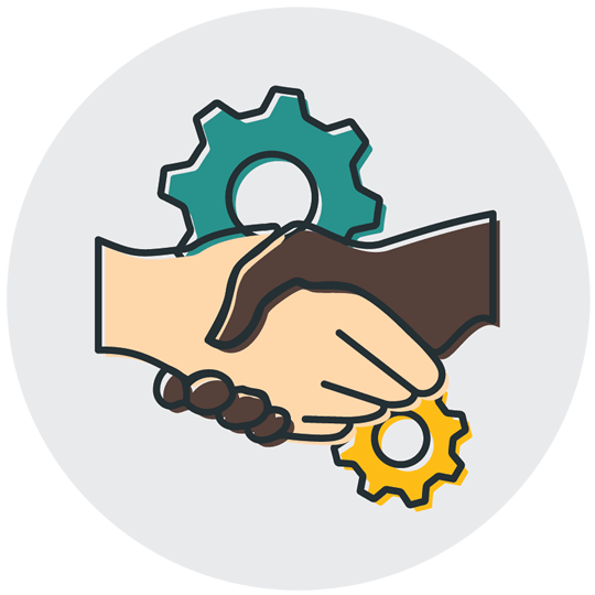 dark skinned and light skinned hand shaking surrounded by cogs - representing regional networks 
