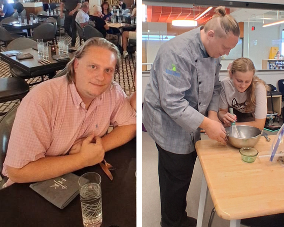 Side-by-side photos of Chef Bryan Whitmore, a culinary instructor at the Michigan Career & Technical Institute, and his daughter Jacqulyn. In the left image, Chef Whitmore is seated at a restaurant table wearing a pink button-down shirt, smiling toward the camera. In the right image, he is wearing a gray chef’s coat while guiding Jacqulyn, who is stirring ingredients in a metal mixing bowl on a classroom countertop, demonstrating a culinary technique together.