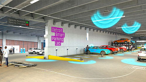 Rendering of the Detroit Smart Parking Lab with vehicles parked in a garage and blue sensor graphics above them.