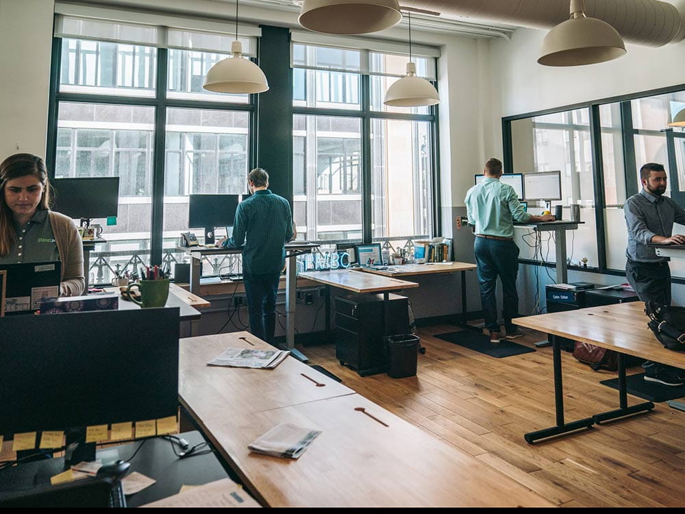 People work at desks in a bright, open office with large windows and standing workstations.