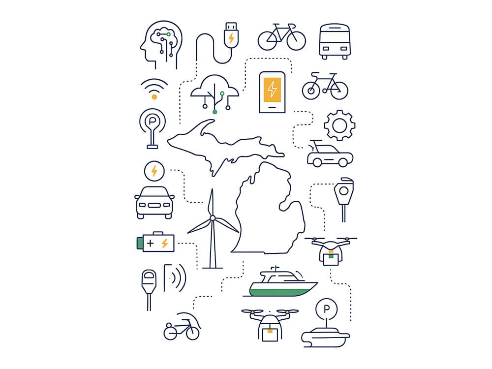 Illustration of Michigan surrounded by mobility and electrification icons, including EV charging, drones, bicycles, and connected transportation.