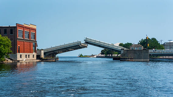 Alpena draw bridge raised to allow boat traffic through on the Thunder Bay river