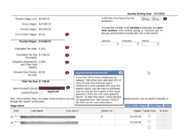 A screenshot of the Apportionment Election information pop up in MiWAM.
